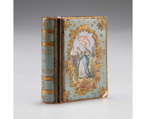AN UNUSUAL FRENCH ENAMEL BOOK-FORM BOX, 19TH CENTURY the hinged cover painted with a lady holding a parasol, the interior dec