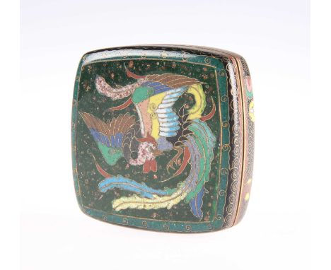 A JAPANESE CLOISONNÉ BOX AND COVER, BY ANDO, MEIJI PERIOD of rounded square form, the lid decorated with a phoenix on a groun