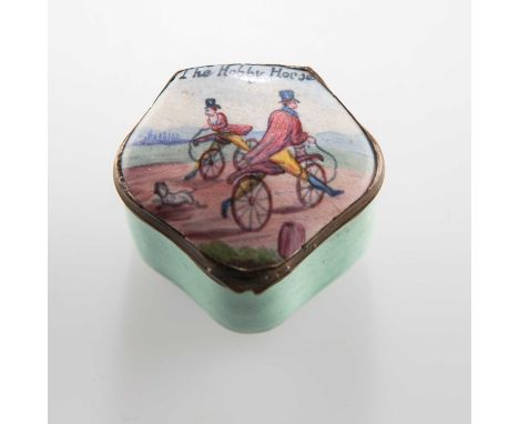 A BILSTON-TYPE ENAMEL SNUFF BOX pentagonal, the hinged cover painted with two gentlemen on cycles, titled THE HOBBY HORSE. 4.