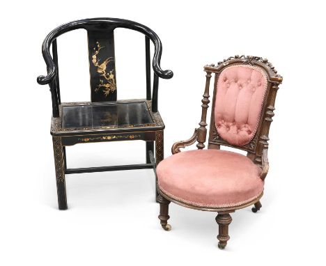 A VICTORIAN WALNUT NURSING CHAIR, AND A CHINOISERIE LACQUER ARMCHAIR the Victorian chair with button-back, the lacquered chai