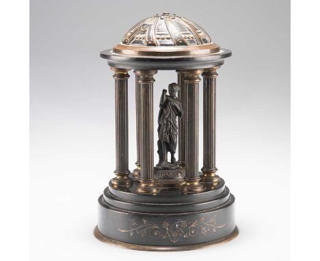 A 19TH CENTURY 'GRAND TOUR' MODEL OF A TEMPLE bronze and polished slate. 23cm highA couple of small chips. One column is a li