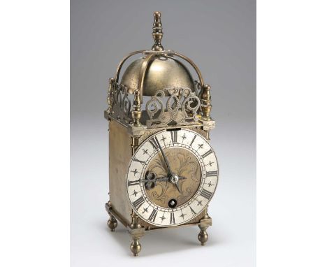 A 17TH CENTURY STYLE BRASS LANTERN CLOCK, CIRCA 1900 signed Astral. 25cm high