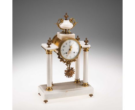 A FRENCH GILT-BRASS AND WHITE MARBLE MANTEL CLOCK, 20TH CENTURY the dial signed Leroy A Paris, the drum case raised on four c