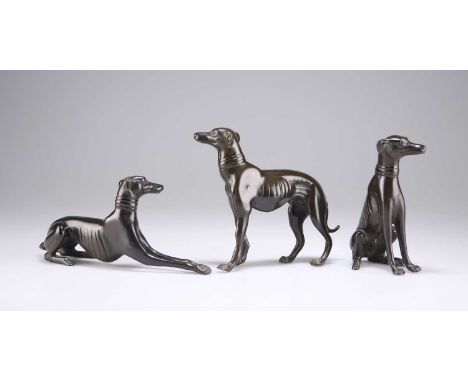 THREE BRONZE MODELS OF GREYHOUNDS 20th Century. (3) Tallest 15cm