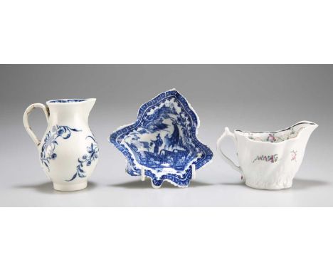 A GROUP OF ENGLISH PORCELAIN comprising an early Coalport 'Chelsea' ewer; a Caughley 'Mansfield' print sparrow-beak cream jug