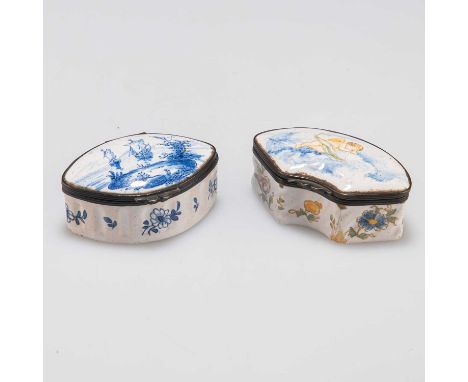 TWO CONTINENTAL FAÏENCE SNUFF BOXES, 18TH/19TH CENTURY the first crescent-shaped, the second a pointed oval, each with a fact