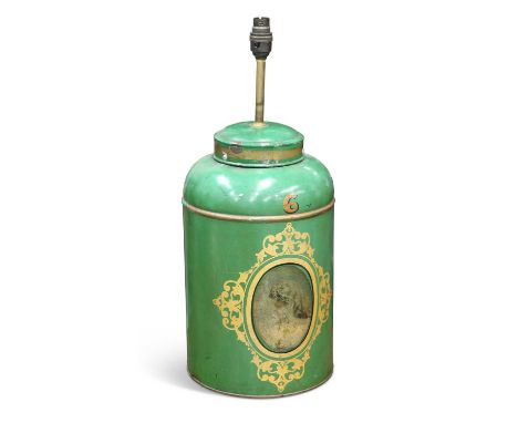 A VICTORIAN TÔLEWARE TEA CANISTER TABLE LAMP with green ground, numbered 6 and decorated with a portrait cartouche. 54cm high