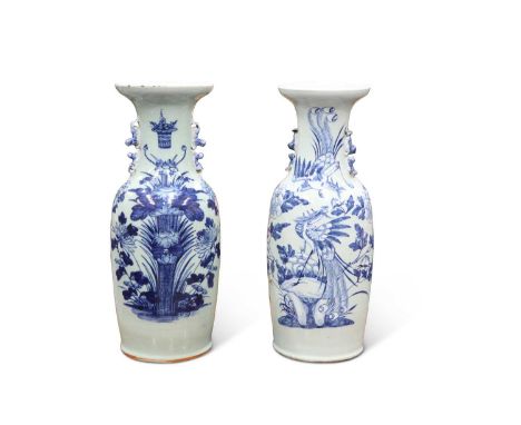 TWO 19TH CENTURY CHINESE BLUE AND WHITE VASES of baluster form, the first painted with a basket of flowers, the second with p