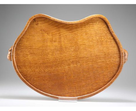 ROBERT THOMPSON OF KILBURN, A MOUSEMAN OAK TEA TRAY kidney-shaped, adzed top and sides, with twin mouse carrying handles. 47c