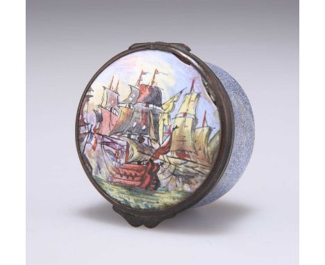 A BILSTON ENAMEL SNUFF BOX, CIRCA 1780 circular, the hinged cover painted with ships, the sides and base decorated in mottled