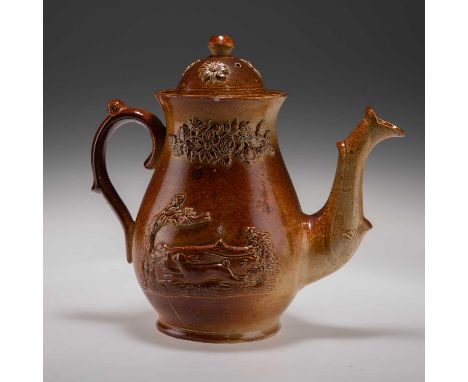 A BRAMPTON DERBYSHIRE BROWN SALT-GLAZED STONEWARE COFFEE POT, CIRCA 1830-40 baluster form, with scrolling loop handle and spo