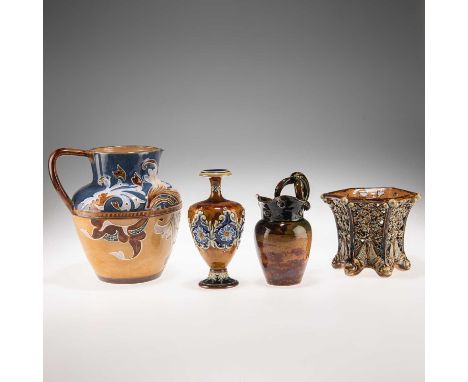 FOUR PIECES OF LATE 19TH CENTURY DOULTON LAMBETH STONEWARE POTTERY comprising two jugs, by Mark V. Marshall, 17cm and 22cm hi