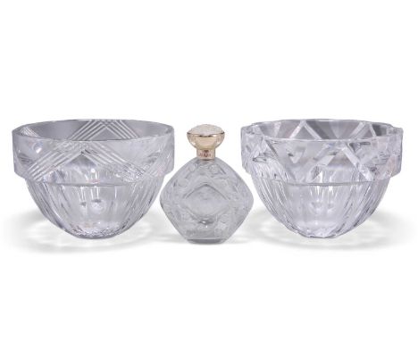 TWO ORREFORS CLEAR GLASS BOWLS, AND A LALIQUE GLASS PERFUME BOTTLE the two bowls of deep form with cut glass borders, each si