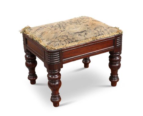 A 19TH CENTURY MAHOGANY FOOTSTOOL, IN THE MANNER OF GILLOWS rectangular, with reeded corners, raised on ring-turned baluster 