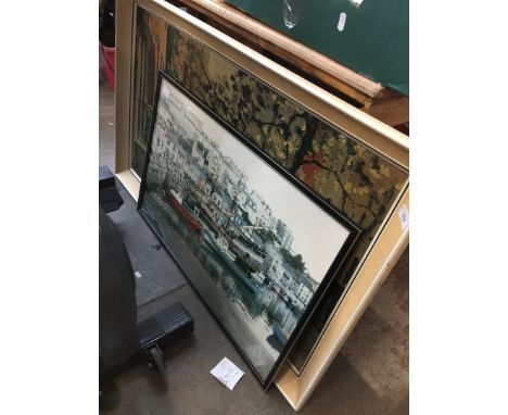 A harbour scene photographic print and a street scene oil 