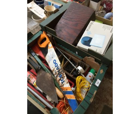 2 boxes of misc tools and various household items 
