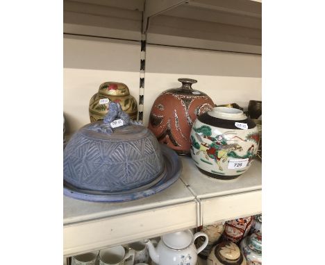 Three pottery items and brass item 