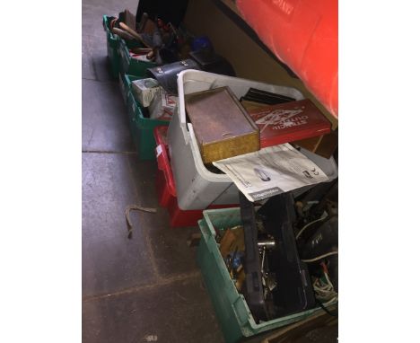 6 boxes of misc tools including welding related, woodworking tools, gardening, garage, etc 