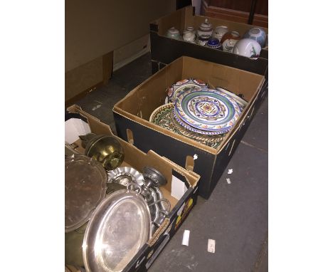 Two boxes Chinese ware, box of plates and box of metalware 