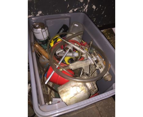 A box of misc tools including sprayers, etc 