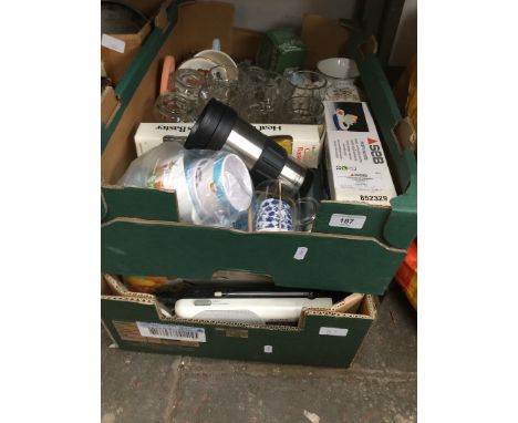 2 boxes of misc including glassware, flask, kitchenware, etc 