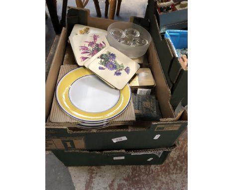 2 boxes of kitchenware including a Pacific 2 slice toaster, plates, coasters, etc 