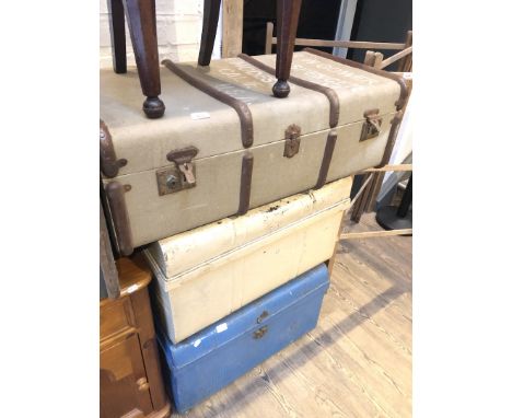 2 tin trunks and a vintage travel trunk 