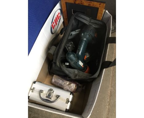A box of misc including Lord of the rings film cell, a bag with power tools, etc 