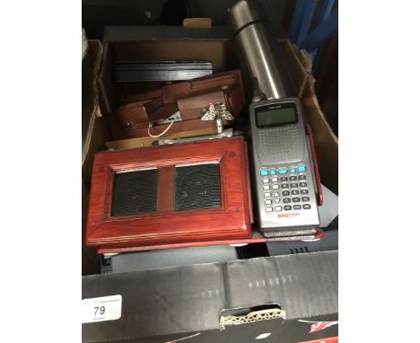 A box of misc including flask, walkie talkie, etc 