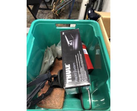 A box of misc including caravan mirrors, tools, etc 