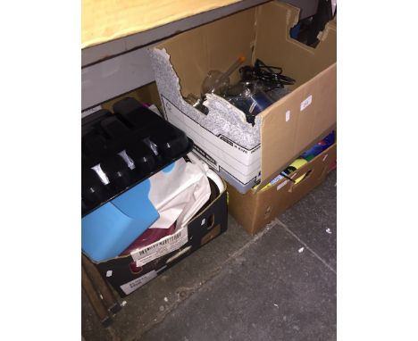 3 boxes of household cleaning items, kitchenware, vintage lamps, PC motherboard, etc 