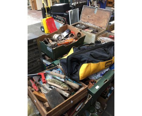 Large quantity of misc tools, contents of 9 boxes, a DeWalt bag, a tub and a multidrawer storage compartment 