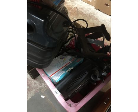A box of misc tools including power tools, grinder, sander, battery charger, a vac, etc 