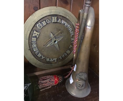 Brass circular measure and a Royal Welsh Fuseliers bugle 
