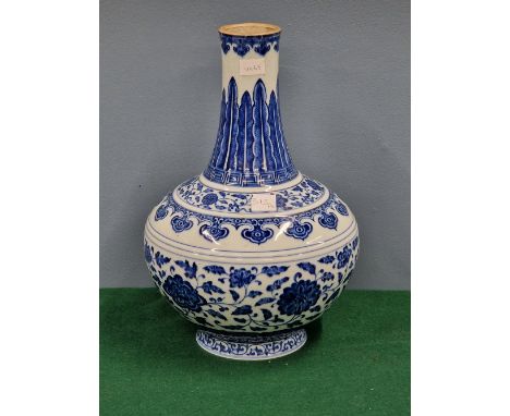 A CHINESE BLUE AND WHITE BOTTLE VASE PAINTED WITH MING STYLE LOTUS, RUYI LAPPET AND STIFF LEAF BANDS, SEAL MARK.   35cms.