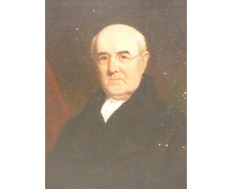 VICTORIAN SCHOOL, PORTRAIT ON A GENTLEMAN WEARING SPECTACLES, OIL ON CANVAS, INSCRIBED ON THE STRETCHER THOMAS COOK.   75  x 