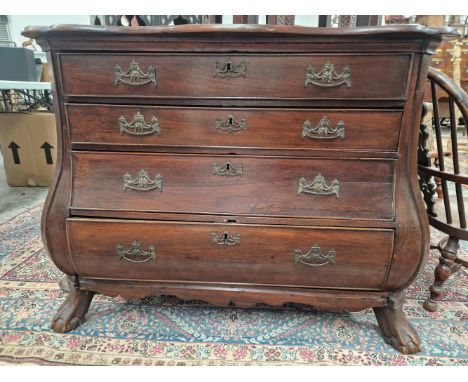 A 19th C. DUTCH MAHOGANY BOMBE COMMODE OF FOUR GRADED DRAWERS ON SPLAY FRONT LEGS.   W 104 x D 52 x H 83cms.