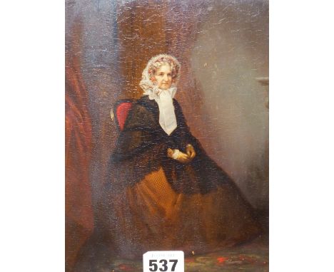 VICTORIAN SCHOOL, A PORTRAIT OF A LADY SEATED IN AN INTERIOR, LABELLED AS MRS H BOSANQUET, OIL ON PANEL.   23 x 18.5cms.