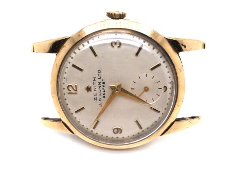 A VINTAGE 9ct GOLD ZENITH WRIST WATCH RETAILED BY J.H. LUNN LTD, BELFAST. 17 JEWELS, REF NUMBER 5083250. DATED 1959, LONDON, 