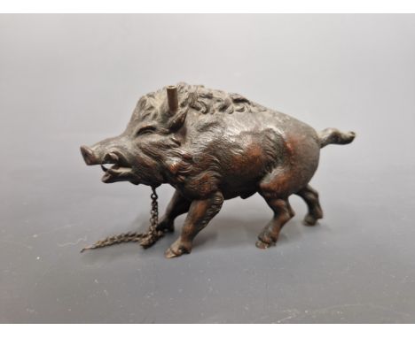 A FINE ANTIQUE BRONZE BOAR FORM TABLE LIGHTER TOGETHER WITH A BOAR FORM PAPER CLIP WITH NIB WIPE BRUSH.