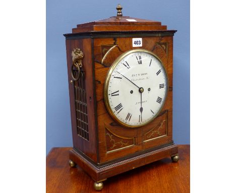 JONATHAN CROSS, LONDON, A 19th C. BRASS INLAID ROSEWOOD CASED MANTEL CLOCK, THE TWIN FUSEE MOVEMENT STRIKING ON A BELL, THE C