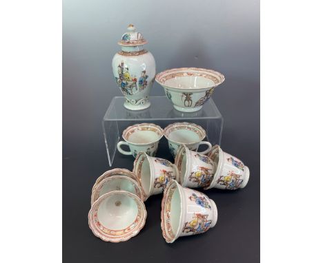 A LATE 18th/EARLY 19th C. CHINESE EXPORT PART TEA AND COFFEE SERVICE, EACH PIECE PAINTED WITH CHILDREN PLAYING ABOUT TABLES, 