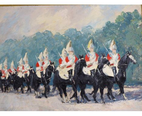 JOHN WYNNE-MORGAN (1906-91), ARR. A PARADE OF HORSE GUARDS, OIL ON CANVAS, SIGNED LOWER LEFT.   75 x 101cms.