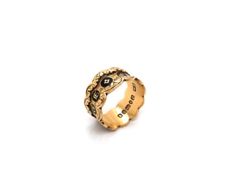 A GEORGIAN ANTIQUE MOURNING RING. THE 18ct HALLMARKED RING DATED 1830 LONDON, SPONSOR MARK WE. THE BLACK ENAMEL AND GOLD LETT