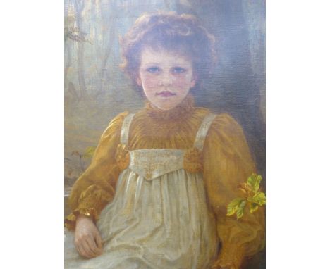 LATE 19th SCHOOL, PORTRAIT OF A GIRL SEATED LEANING AGAINST A TREE TRUNK, OIL ON CANVAS.   79 x 58.5cms.