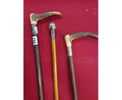 TWO ANTLER HANDLED HUNTING WHIPS, ONE WITH A WHITE METAL BAND FOR THE XXI PUNJABIS TOGETHER WITH A SWAGGER STICK FOR THE 16TH