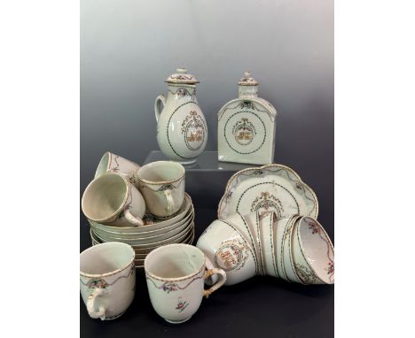 A LATE 18th/EARLY 19th C. CHINESE EXPORT MONOGRAMMED PART TEA AND COFFEE SERVICE, EACH PIECE INITIALLED J H C WITHIN A RIBBON