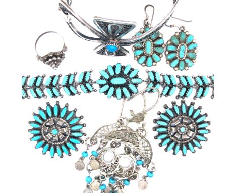 A COLLECTION OF STONE SET CONTINENTAL AND OTHER SILVER JEWELLERY TO INCLUDE TWO BROOCHES SIGNED N&amp;R NEZ, MEXICO, A FILIGR