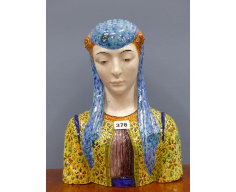 A CANTAGALLI MAIOLICA POLYCHROME BUST OF A MEDIAEVAL LADY WEARING A BLUE HEAD SCARF OVER HER AUBURN HAIR, COCKEREL MARK IN BL