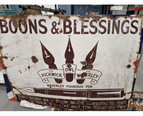 A WHITE GROUND ENAMEL SIGN PRINTED IN BROWN FOR THREE TYPES WAVERLEY FOUNTAIN PENS.   93 x 122cms.